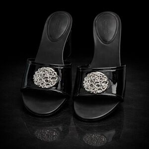 Coach Black Patent Slide Sandals Silver Logo Medallion Women 7.5